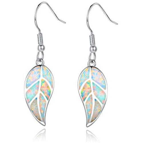 Barzel 18K White Gold/Rose Gold Plated Created White or Green Opal Leaf Drop Dangling Earrings