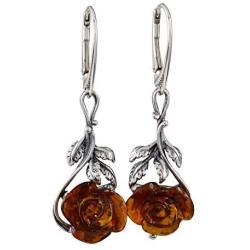 Sterling Silver and Baltic Honey Amber Leverback Earrings''Open Rose''