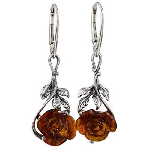 Sterling Silver and Baltic Honey Amber Leverback Earrings''Open Rose''