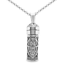 Mezuzah 925 Sterling Silver Hamsa Hand Blessing Necklace With Glass Scroll Inside of Pendant on Long Rolo Chain Designed for Men, Women, Boys, Girls Judaic Jewelry