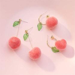 D.Rosse 2 Pairs Unique Creative Super Lightweight Lifelike Pink Peach With Leaf Dangle Drop Earrings Sets for Women Girls Teens Charm Cute Fruit Hoop Earrings Jewelry Gifts