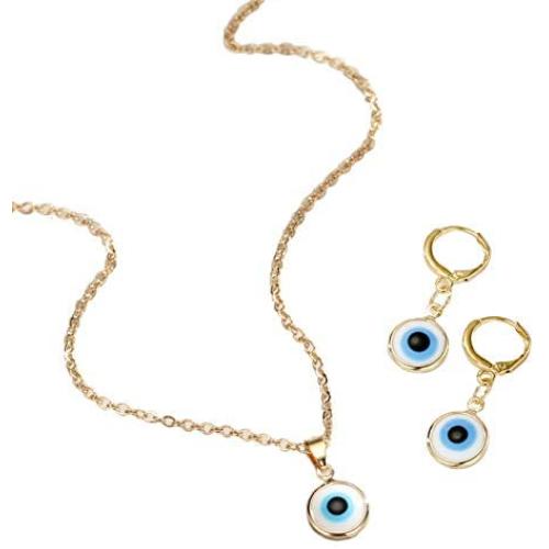3 Pcs Evil Eye Necklace Dangle Earrings Set Chain Charm Blue Eyes Amulet Pendant Necklace Ojo Turco Kabbalah Protection Drop Earrings Adjustable Collar Necklace Delicate Jewelry Gift