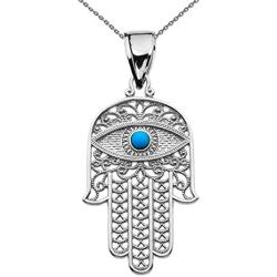 Middle Eastern Jewelry Sterling Silver Hamsa Hand with Blue Evil Eye Pendant Necklace
