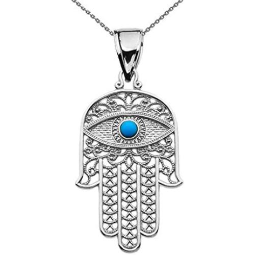 Middle Eastern Jewelry Sterling Silver Hamsa Hand with Blue Evil Eye Pendant Necklace