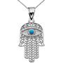 Middle Eastern Jewelry Sterling Silver Hamsa Hand with Blue Evil Eye Pendant Necklace
