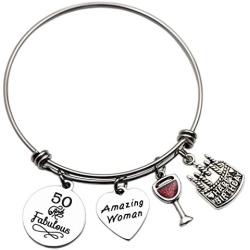LParkin Fifty and Fabulous 50th Birthday Gift for Women Jewelry Fifty Birthday Bangle Bracelet Amazing Women
