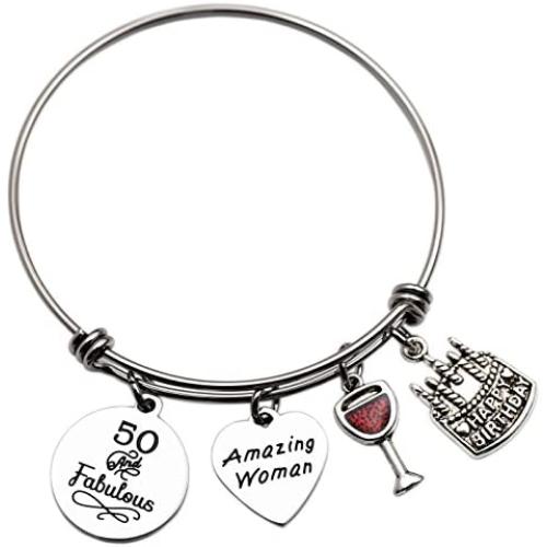 LParkin Fifty and Fabulous 50th Birthday Gift for Women Jewelry Fifty Birthday Bangle Bracelet Amazing Women
