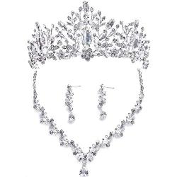 EverLove Womens Bride Headdress Jewelry Wedding Necklace Earrings Set Crystal Crown Tiara