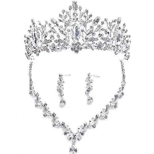 EverLove Womens Bride Headdress Jewelry Wedding Necklace Earrings Set Crystal Crown Tiara EverLove Womens Bride Headdress Jewelry Wedding Necklace Earrings Set Crystal Crown Tiara