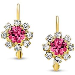 Delicate Floral Crystal 18K Gold Plated Brass Leverback Drop Flower Earrings For Women Teen More Birth Month Colors