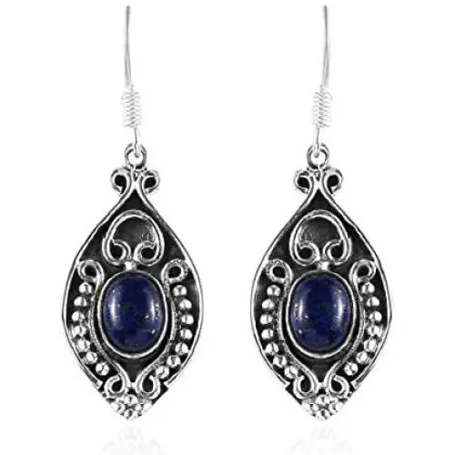 Shop LC 925 Sterling Silver Blue Lapis Lazuli Dangle Drop Oxidized Tribal Fish Hook Earrings Bohemian Boho Handmade Fashion Prom Vintage Jewelry for Women Mothers Day Gifts