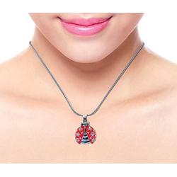 Puzzled Red Ladybug Necklace, 18 Inch Fashionable & Elegant Silver Chain Jewelry with Rhinestone Studded Pendant For Casual Formal Attire Nautical Themed Girls Teens Women Fashion Neck Accessory