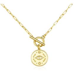 Coin Pendant Necklace for Women Girls: 14K Gold Plated Star Moon Evil Eye Paperclip Chain Dainty Jewelry Christmas Gifts