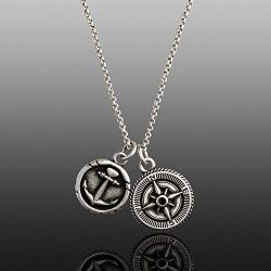 Steve Madden Mens Oxidized Anchor and Compass Design Coin Charm Chain Necklace in Stainless Steel, Silver, 28