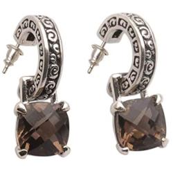 NOVICA Smoky Quartz .925 Sterling Silver Dangle Earrings Buddha Hoops