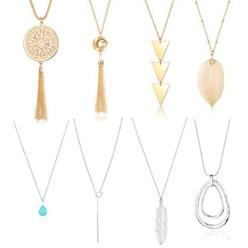 Jstyle 8Pcs Long Pendant Necklace Set Women Bar Circle Leaf Tassel Y Statement Necklace Silver Gold Plated Chain Necklace Set
