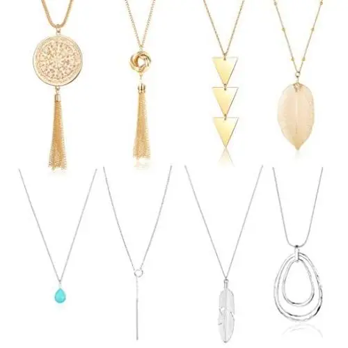 Jstyle 8Pcs Long Pendant Necklace Set Women Bar Circle Leaf Tassel Y Statement Necklace Silver Gold Plated Chain Necklace Set Jstyle 8Pcs Long Pendant Necklace Set Women Bar Circle Leaf Tassel Y Statement Necklace Silver Gold Plated Chain Necklace Set