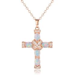 Barzel Rose Gold & White Gold Plated Created Opal Cross Chain with Pendant