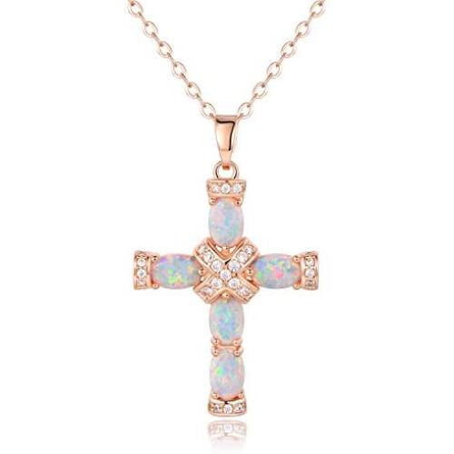Barzel Rose Gold & White Gold Plated Created Opal Cross Chain with Pendant