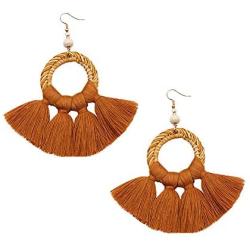 Bohemian Large Circle Wooden Rattan Tassel Dangle Earrings with Thread Fringe for Women Girls