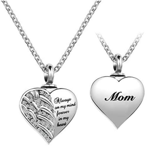 LuxglitterLin Guardian Angel Wings Cremation Jewelry for Ashes Heart Crystal Urn Necklaces for Ashes Memorial Keepsake Necklace Always on Mind Forever in My Heart