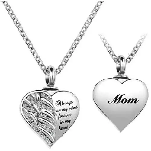 LuxglitterLin Guardian Angel Wings Cremation Jewelry for Ashes Heart Crystal Urn Necklaces for Ashes Memorial Keepsake Necklace Always on Mind Forever in My Heart
