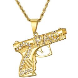 Lee Island Fashion 24K Gold Plated Simulated Diamond CZ Gun Pendant Stainless Steel Necklace For Men Boys, 24 Inch Chain Hip Hop Jewelry Gift