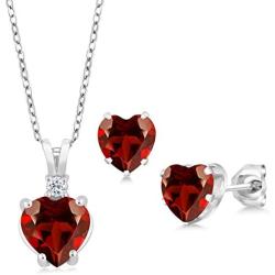 Gem Stone King 925 Sterling Silver Red Garnet Pendant Earrings Set For Women (3.68 Ct Heart Shape with 18 Inch Silver Chain)