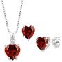 Gem Stone King 925 Sterling Silver Red Garnet Pendant Earrings Set For Women (3.68 Ct Heart Shape with 18 Inch Silver Chain)
