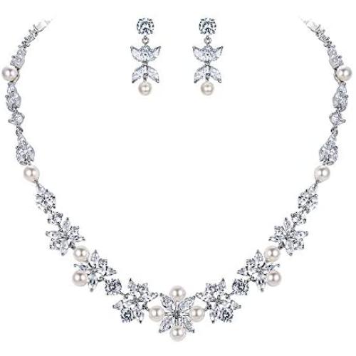 EVER FAITH Wedding Jewelry Gorgeous CZ White Simulated Pearl Bride Prom Leaf Floral Necklace Earring Set Silver-Tone
