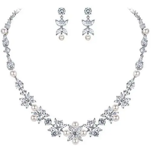 EVER FAITH Wedding Jewelry Gorgeous CZ White Simulated Pearl Bride Prom Leaf Floral Necklace Earring Set Silver-Tone