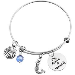 MJartoria BFF Bracelet for Girls-Im Really a Mermaid Engraved Expandable Wire with Little Mermaid Charm Pendant, Bangle Bracelet for Women, Best Friends, Valentines Day Mothers Day Birthday Gifts