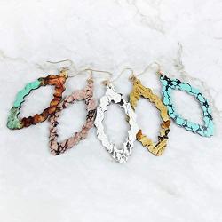 Bohemian Printed Natural Wood Geometric Statement Earrings - Stone Marble Effect Filigree Leaf, Teardrop, Moroccan Dangle