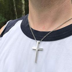 Loralyn Designs Large Mens Modern Stainless Steel Cross Pendant Necklace 20, 24 or 30 Inch 3mm Steel Chain