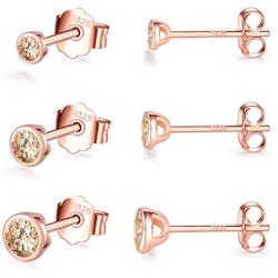 Silver Stud Earrings for Women Men Girls 3 Pairs of Hypoallergenic Small Rose Gold Plated Cubic Zirconia Cartilage Earrings Jewelry Sets (2mm/3mm/4mm)