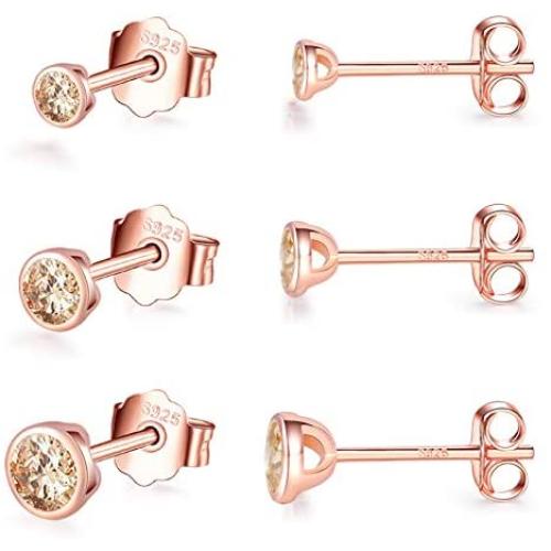 Silver Stud Earrings for Women Men Girls 3 Pairs of Hypoallergenic Small Rose Gold Plated Cubic Zirconia Cartilage Earrings Jewelry Sets (2mm/3mm/4mm)