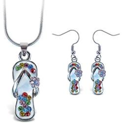 Puzzled Sparkling Flip Flop Necklace and Earrings Set Charming Necklace and Earring Set - Beach Theme - Aqua Jewelry Always Unique Gift - Item #K6302-6352