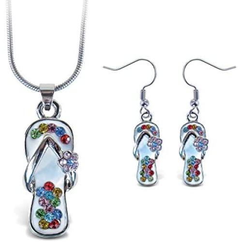 Puzzled Sparkling Flip Flop Necklace and Earrings Set Charming Necklace and Earring Set - Beach Theme - Aqua Jewelry Always Unique Gift - Item #K6302-6352