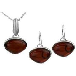 Sterling Silver Red Dark Amber Jewelry Set Earrings Necklace Chain 18 Inches