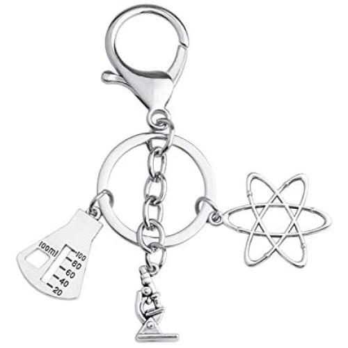 FUSTMW Science Symbol Keychain Atom Microscope Key Chain Biology Chemistry Teacher Gift Keyring Science Lovers Gift