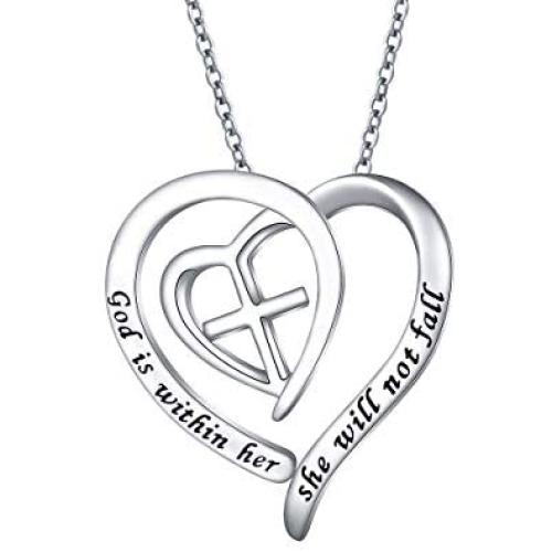 S925 Sterling Silver Christian Heart Inspirational Faith Verse Pendant Necklace for Women Teen Girl Gift