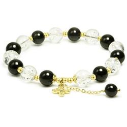 Rose&Poem Black Obsidian and Clear Quartz Crystal Bracelet, 14K Gold Plated Leaf Charm Bracelet, Handmade Natural Beaded Stretch Bracelets, Spiritual Reiki Birthstone Healing Gemstone Crystal Bead Dainty Jewelry