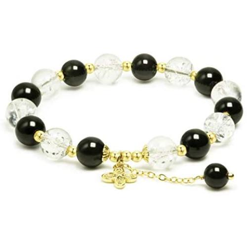 Rose&Poem Black Obsidian and Clear Quartz Crystal Bracelet, 14K Gold Plated Leaf Charm Bracelet, Handmade Natural Beaded Stretch Bracelets, Spiritual Reiki Birthstone Healing Gemstone Crystal Bead Dainty Jewelry