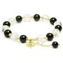 Rose&Poem Black Obsidian and Clear Quartz Crystal Bracelet, 14K Gold Plated Leaf Charm Bracelet, Handmade Natural Beaded Stretch Bracelets, Spiritual Reiki Birthstone Healing Gemstone Crystal Bead Dainty Jewelry