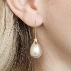 RIAH FASHION Simulated Pearl Hypoallergenic Real Silver & 14K Gold Plated Earrings - Oversized Faux Pearl Round Bead Classic Leverback Drop, Teardrop