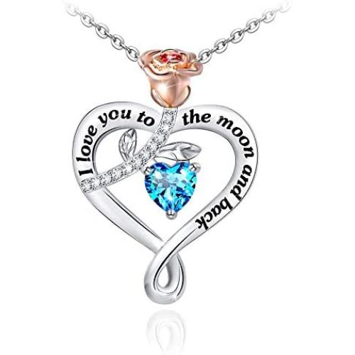 I Love You to The Moon and Back Necklace for Women 925 Sterling Silver Rose Flower Necklace Jewelry Gifts for Women Mom Wife Girls