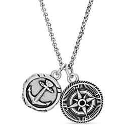 Steve Madden Mens Oxidized Anchor and Compass Design Coin Charm Chain Necklace in Stainless Steel, Silver, 28