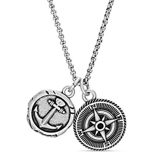 Steve Madden Mens Oxidized Anchor and Compass Design Coin Charm Chain Necklace in Stainless Steel, Silver, 28 Steve Madden Mens Oxidized Anchor and Compass Design Coin Charm Chain Necklace in Stainless Steel, Silver, 28