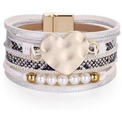 ORNAPEADIA Boho Style Heart Shape Pearl Multilayer Leather Bracelet Womens Jewelry Bracelet Wrap Cuffs