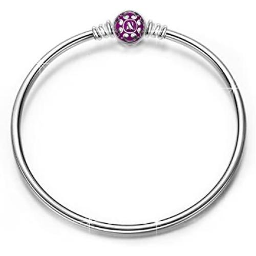 NINAQUEEN 925 Sterling Silver Bangle Bracelet with Snap Clasp Charm 7.5 Inches